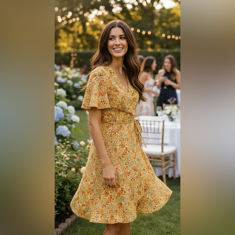 Monteau Dress Faux Wrap V Neck Mini Floral Yellow Plus Sz M NWOT Bohemian Hippie